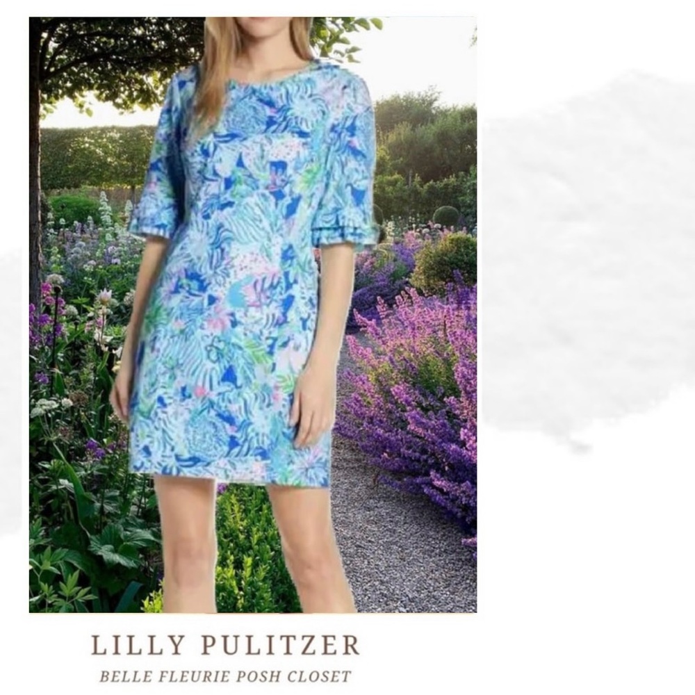 NWT Lilly Pulitzer Fiesta Stretch Ruffle Short Sleeve Dress Coastal Blue